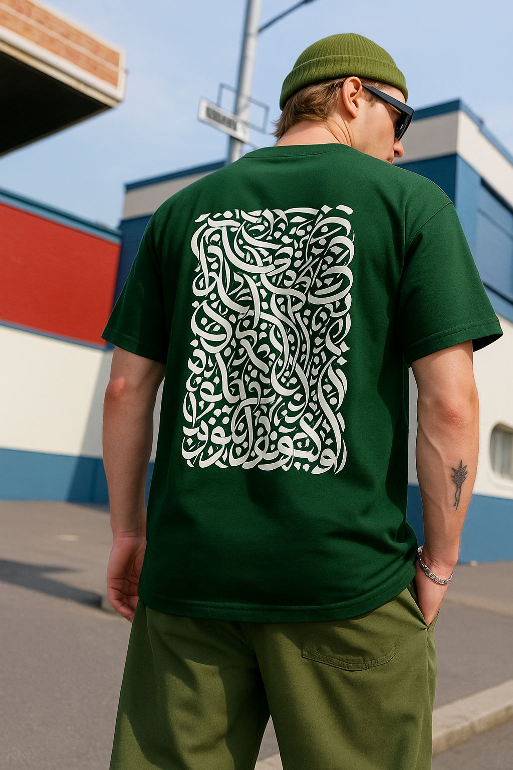 Urban Calligraphy Drop Shoulder T-Shirt – Front & Back Arabic Art Design (Green Edition)